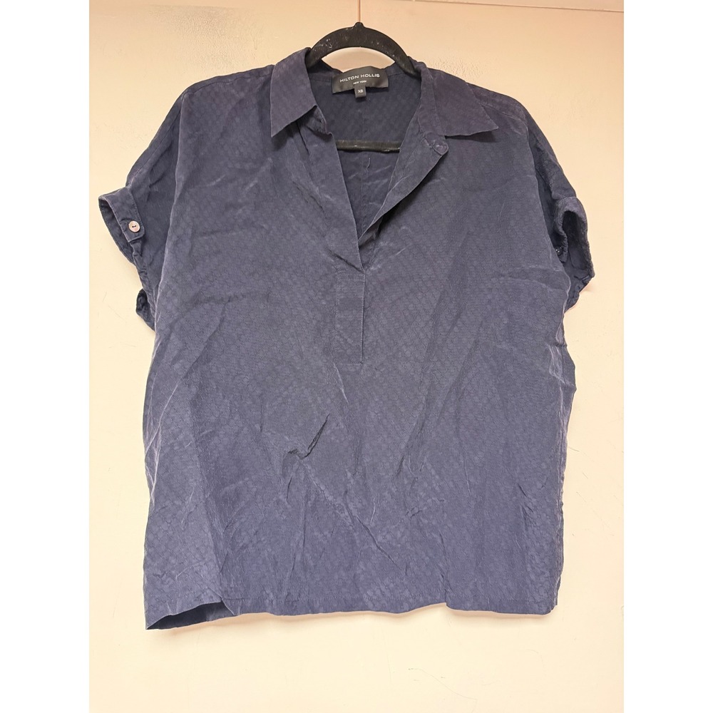 Hilton Hollis Blouse Womens XS Navy Blue Excellent Cupro Short Sleeve V-Neck Top